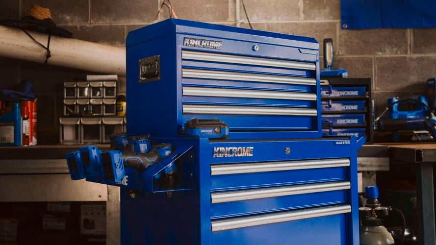Tool chest trolley with drills.