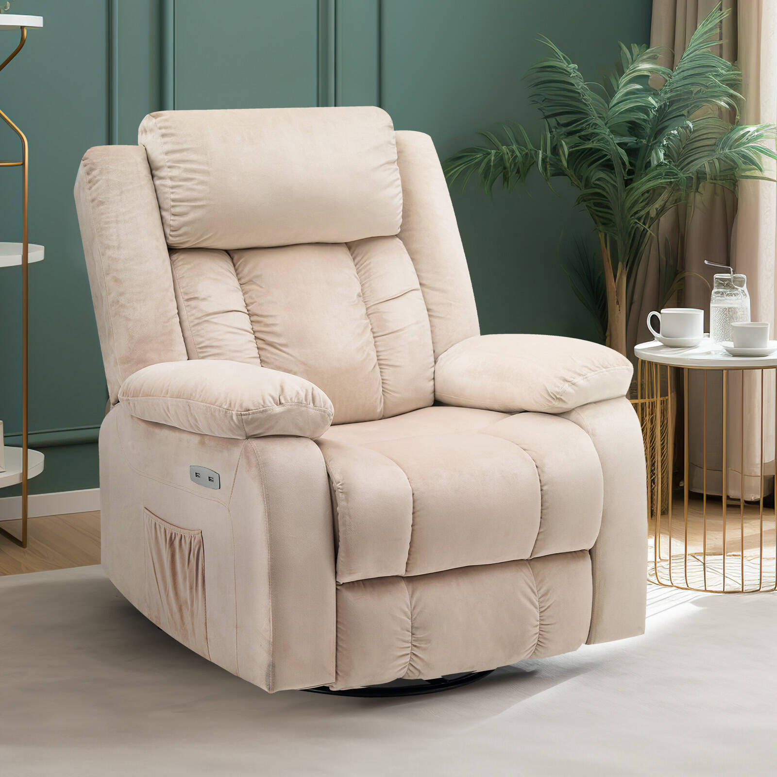 Advwin Electric Massage Recliner Chair 360 Swivel Heat Armchair Lounge Sofa Flannel Beige