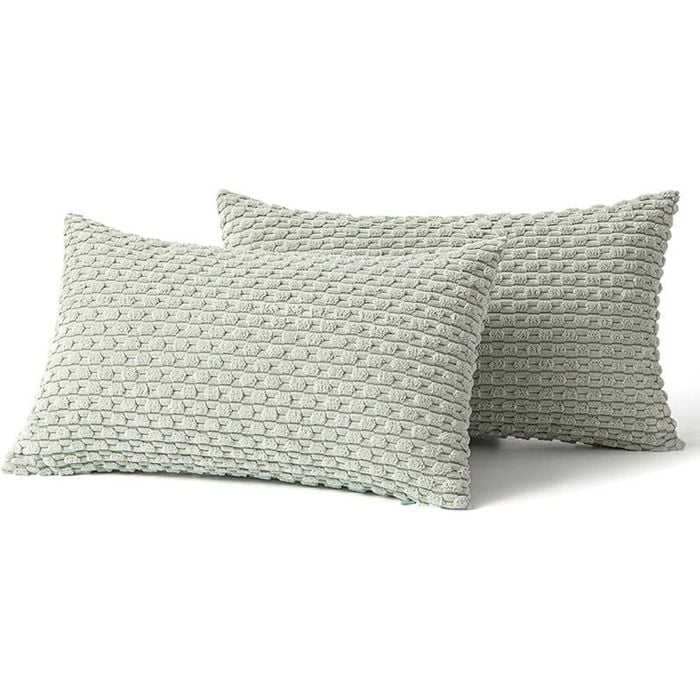Catzon 2 Pcs Throw Pillow Covers Soft Striped Corduroy Cushion Case for Couch 30X50cm-Light Green