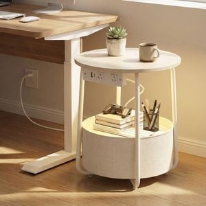 Advwin Side Table Sofa End Table w/ Charging Station Round Bedside Table w/ Basket Beige