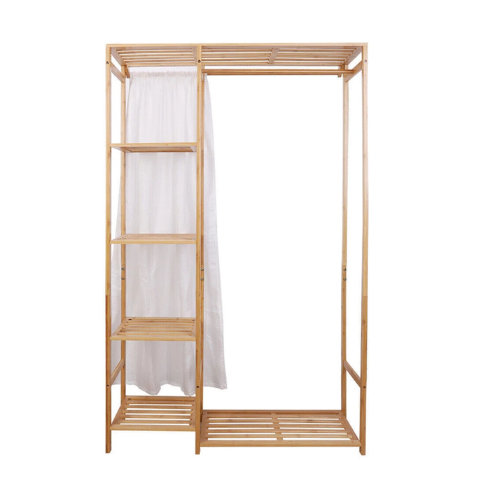 P&P Brown Bamboo Freestanding Wardrobe With Slatted Shelves And Curtain – Open Closet