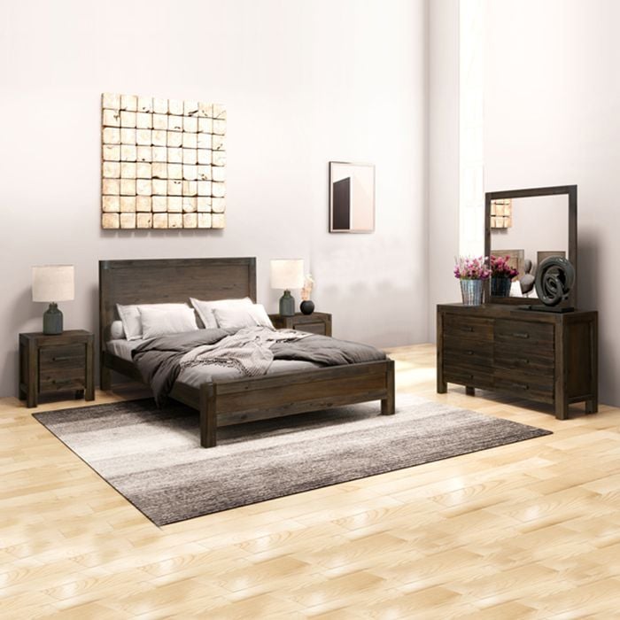 4 Pieces Bedroom Suite in Solid Wood Veneered Acacia Construction Timber Slat King Size Chocolate Colour