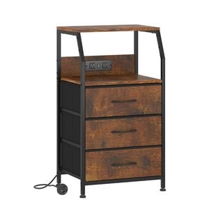 Advwin Bedside Table with Charging Station 3 Fabric Drawers Nightstand Brown