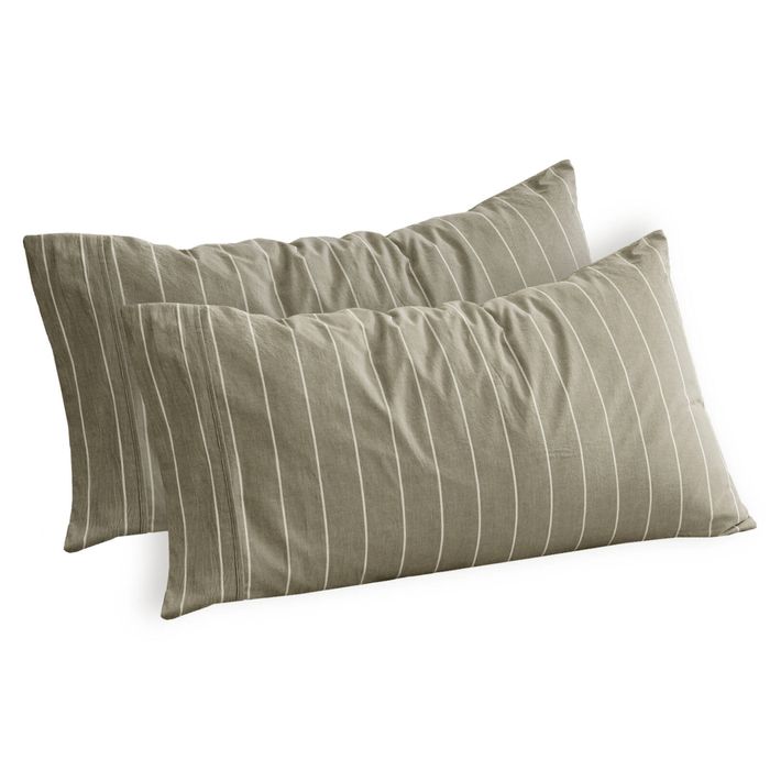Dreamaker Rumi Washed Cotton King Pillowcase Twin Pack Olive with White Stripe