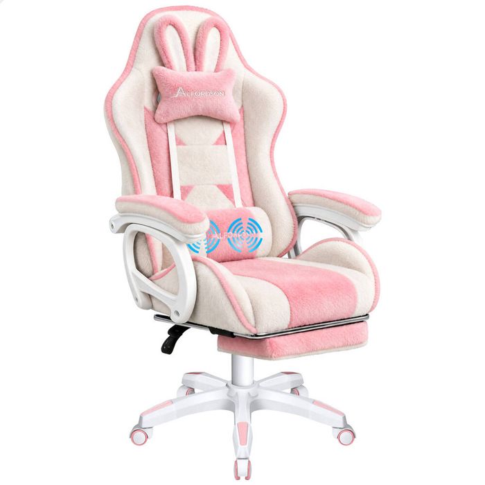 ALFORDSON Gaming Chair Faux Rabbit Fur 2-Point Massage Lumbar Pillow Pink & White