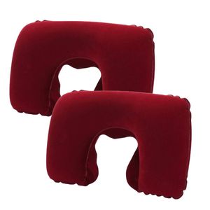 Catzon 2 Pcs Inflatable U-Shaped Pillow Flocked Fabric-Wine Red