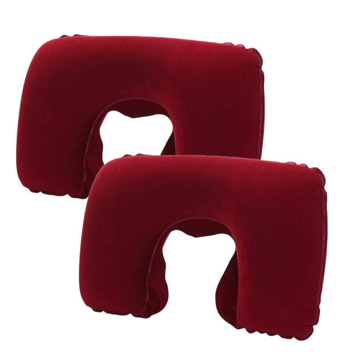 Catzon 2 Pcs Inflatable U-Shaped Pillow Flocked Fabric-Wine Red