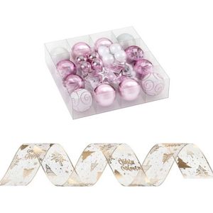 P&P Pink White Gold Christmas Tree Ornaments and Ribbon Decoration Set for Home Gift