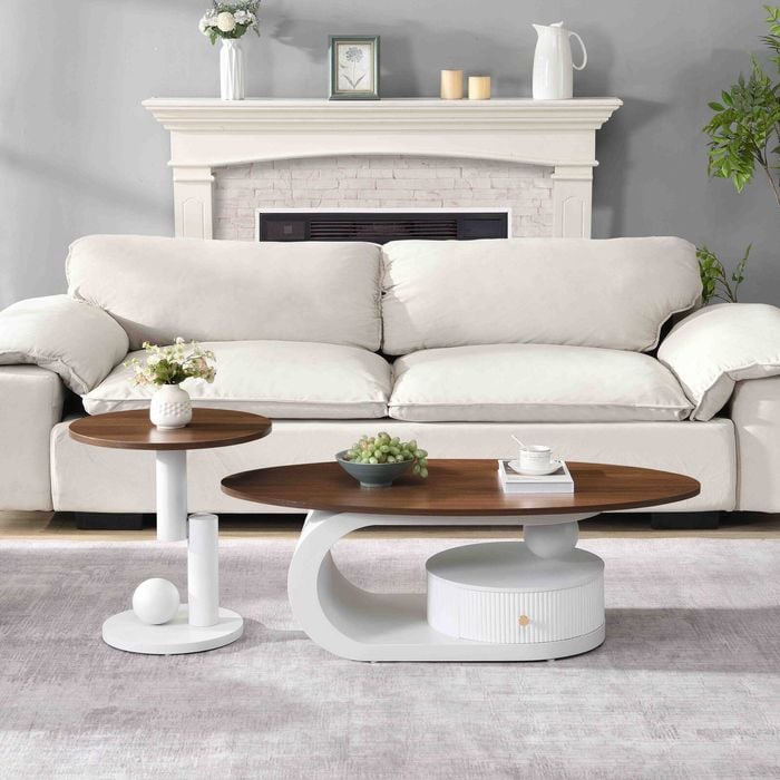 Homfurn Coffee Table Set Of 2, Modern Oval Coffee Table With Drawer & Open Shelf, Round Side Table With Geometric Base