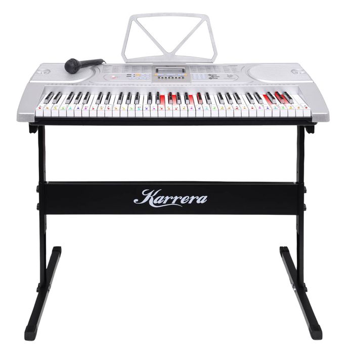 Karrera 61 Key Electronic Keyboard Piano with Stand & Music Holder LED Lighted Keys Beginner Digital Piano Silver