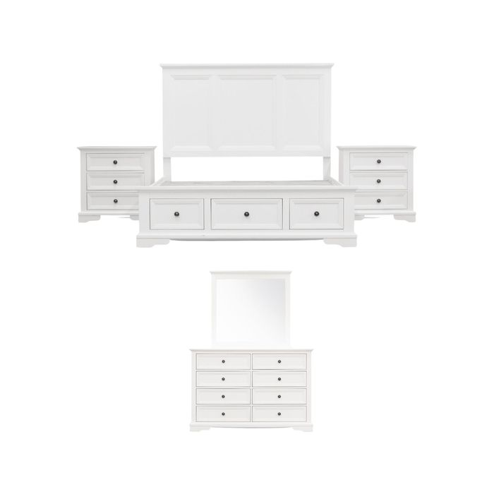 Celosia 5pc King Bed Frame Bedroom Suite Bedside Dresser Mirror Package - White