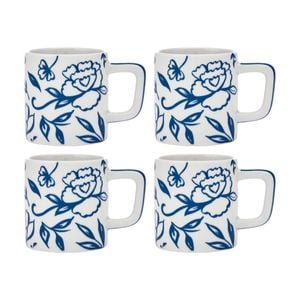 4pk La Cafetiere Blu Fiorato Floral Pattern Ceramic Espresso Cup Mug White 120ml