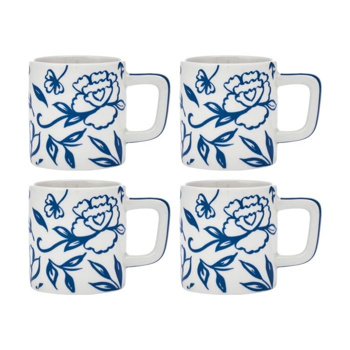 4pk La Cafetiere Blu Fiorato Floral Pattern Ceramic Espresso Cup Mug White 120ml