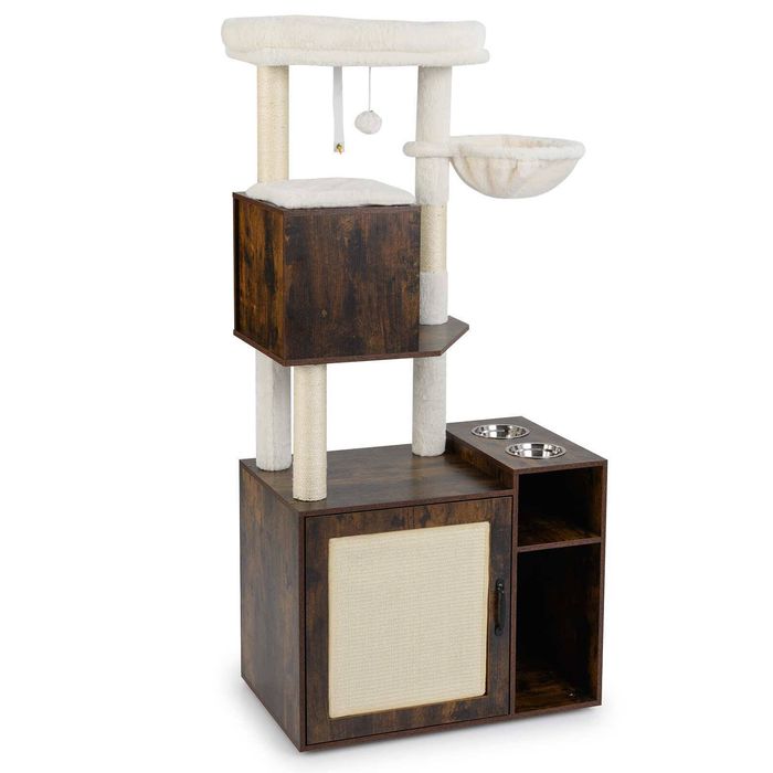 Costway 1.55m Cat Tower W/litter Box Enclosure Scratching Post Brown