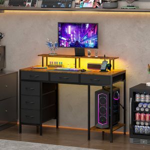 Advwin Gaming Desk with LED Lights & Power Outlets, 120cm Computer Desk with 6 Fabric Drawers