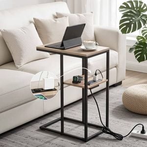 Homfurn C-shaped End Table With Charging Station – 2-tier Side Table, Slides Under Sofa, Wood & Black