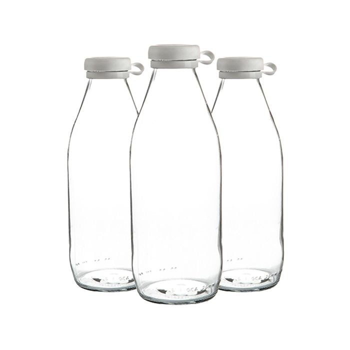 Argon Tableware Glass Milk Bottles with Silicone Lid - 1 Litre - Pack of 3