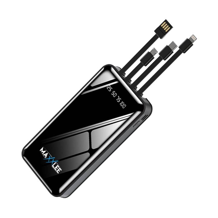 Maxxlee 20000mAh Powerbank Built-in 3 Cables High Capacity Battery Charger for Android iPhone Black
