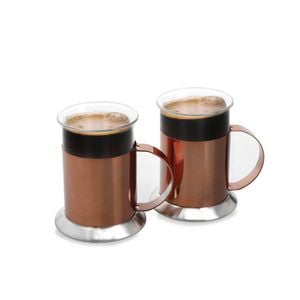 2pc La Cafetiere 300ml Stainless Steel Glass Coffee Mug Cup Set - Copper