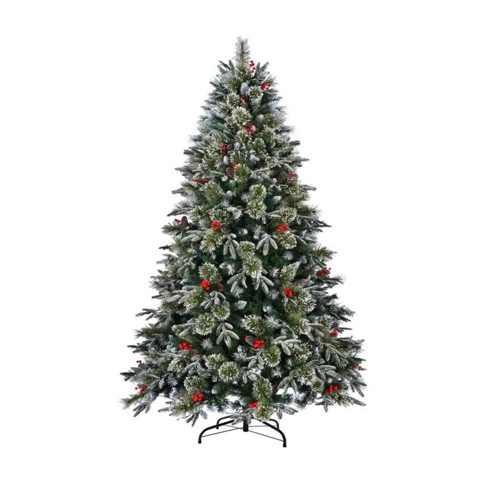 P&P Green White 180cm Christmas Tree with 330 Warm White LEDs, Holly Berries and Pine Cone Set