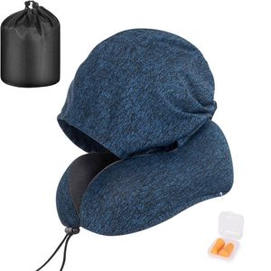 Catzon Travel Neck Pillow with Hood Memory Foam for Neck Support-F05-Navy Blue