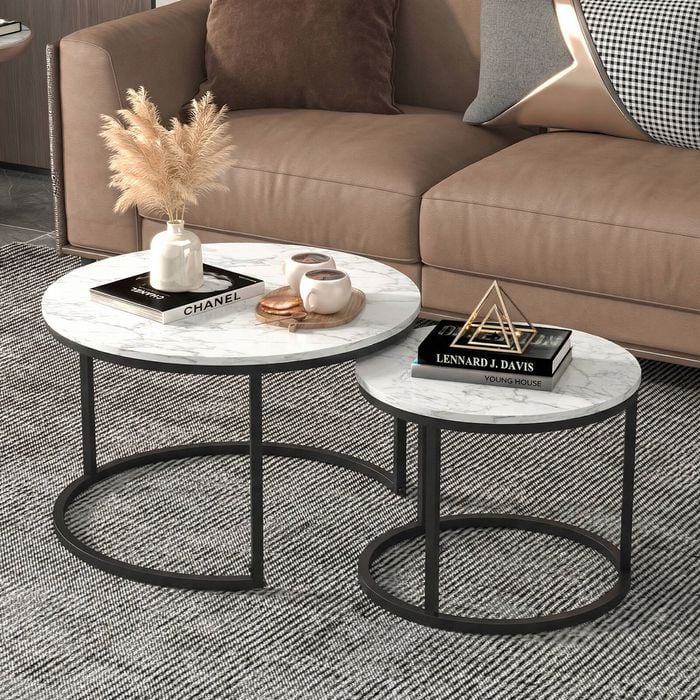 Advwin Nesting Coffee Table Marble Finish 65 & 45cm Round White
