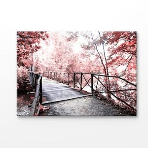 Forest Bridge With Red Autumn Trees Print 100% Australian Made 120x90cm (Stretched Canvas)