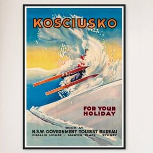 Galrie Vintage Ski Poster of Mount Kosciuszko in New South Wales Australia Home Décor, Black Frame, 50 x 70cm (20 x 28inch)