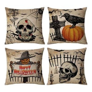 Catzon 4 Pcs Scary Throw Pillow Covers Linen Cushion Case for Decor 50X50cm