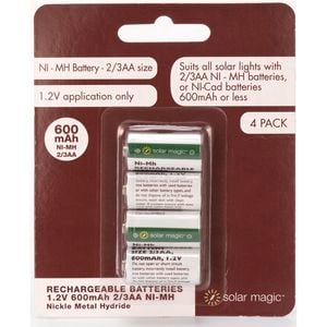 Solar Magic AA 600mAh 2/3 Ni-Mh Rechargeable Batteries - 4 Pack