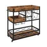 Costway 3-Tier Serving Trolley Mobile Bar Cart w/Glass Holder & Removable Tray