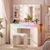 Ufuriture Makeup Vanity Desk with Mirror and Lights, White Dressing Table Set with Power Outlet & Color-Changing LED