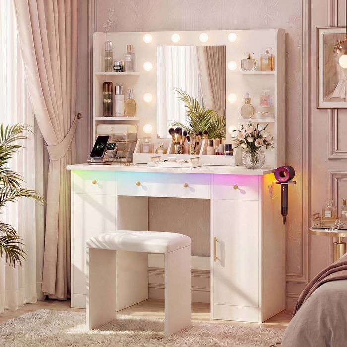 Ufuriture Makeup Vanity Desk with Mirror and Lights, White Dressing Table Set with Power Outlet & Color-Changing LED