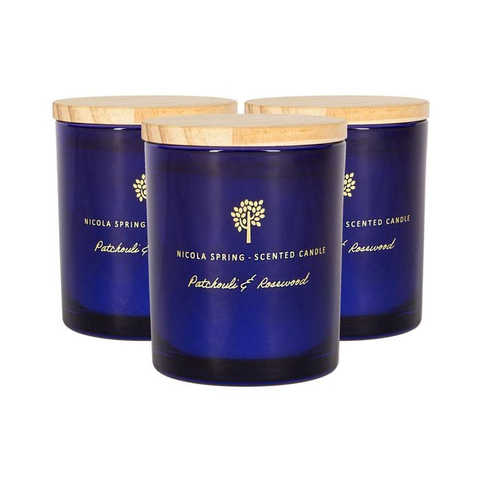 3x Scented Candles - 130g - Patchouli & Rosewood - Sweet Creamy Fragrance Jarred Long Burn Home Fragrance Candle