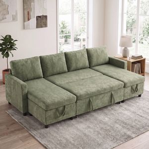 Advwin 253cm 4 Seater Sofa Bed w/ Storage Chaise U Shape Chenille Pull Out Couch Bed Convertible Sleeper Chaise Green