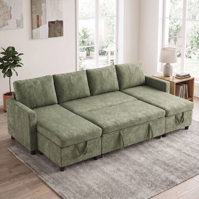 Advwin 253cm 4 Seater Sofa Bed w/ Storage Chaise U Shape Chenille Pull Out Couch Bed Convertible Sleeper Chaise Green