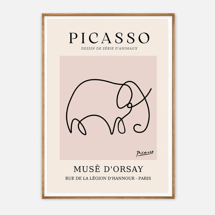 Galrie Picasso Minimalist Elephant Art Print - Iconic Line Drawing for Home Decor, Wood Frame, A0 84 x 119cm (33 x 47inch)