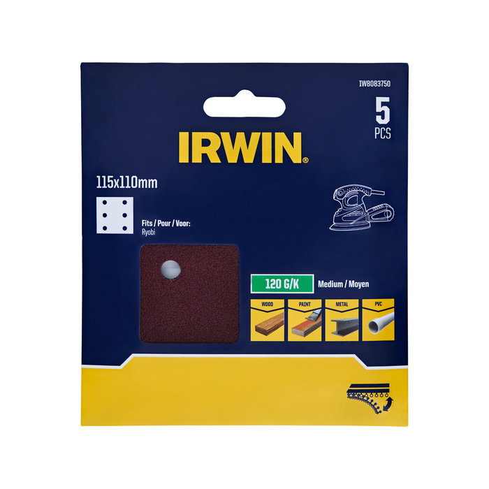 IRWIN 115 x 110mm 120 Grit 6 Holes 1/4 Punched Sheets - 5 Pack