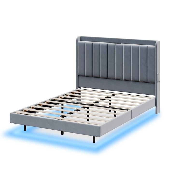 Ufurniture LED Floating Bed Frame with Charging Station Double Grey Velvet