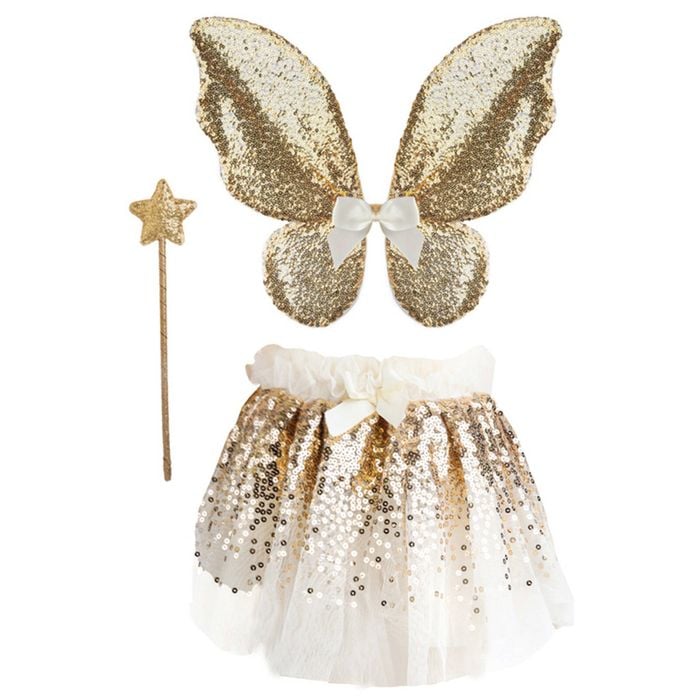 Great Pretenders Size 4-6 Gracious Gold Sequins Skirt/Wings/Wand Set 3y+