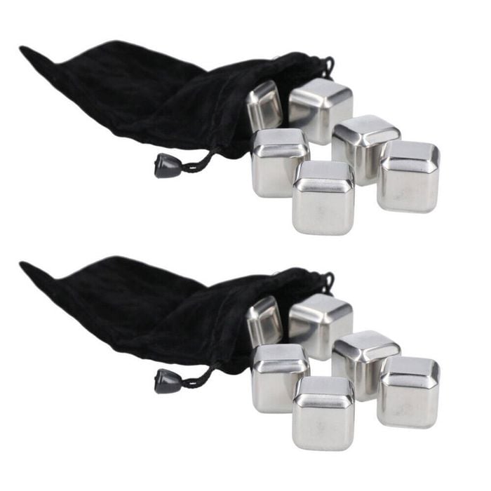 2x 6pc Barcraft Stainless Steel Wine Cubes w/ Pouch Set - Silver