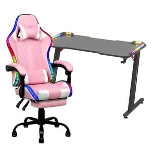 Advwin Gaming Office Desk 120cm Led Light & Gaming Chair With Footrest Led Light Pink