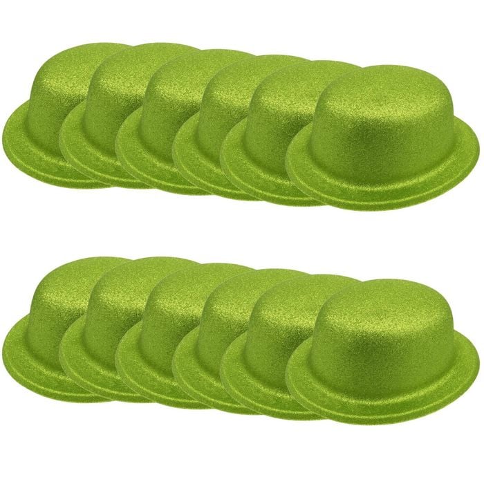 12x GLITTER BOWLER HAT Fancy Party Plastic Costume Cap Fun Dress Up Sparkle BULK Lime Green