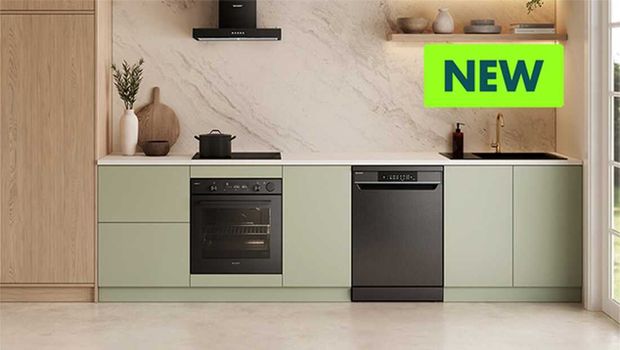 A modern kitchen featuring an oven/dishwasher set and a sink with a marble splashback, with a 'New' badge in the top right corner.