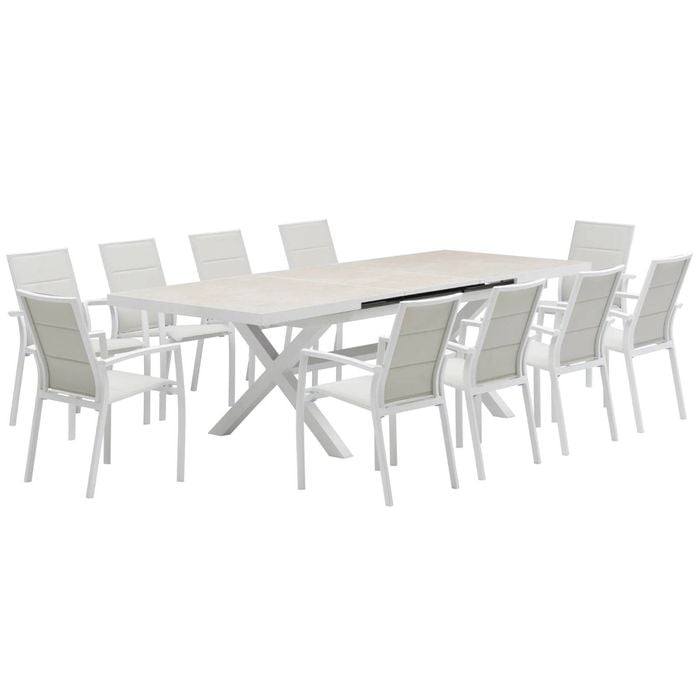 FurnitureOkay Marina-Mosman 11-Piece Ceramic Outdoor Extendable Dining Setting - White