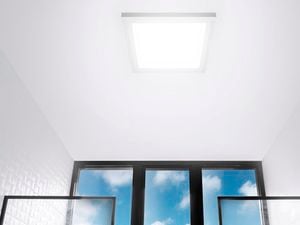A ceiling light in front of a window