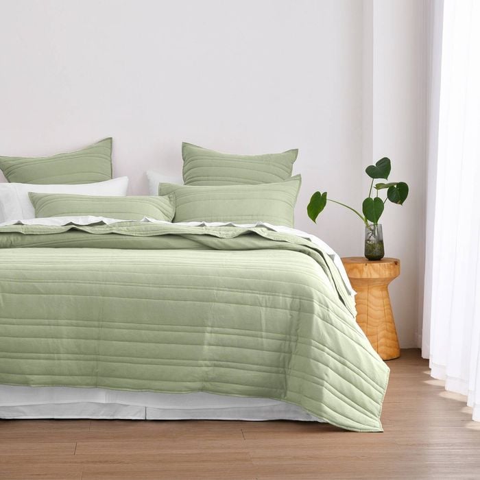 Dreamaker Superfine Washed Microfibre Stripe Quilted Coverlet Set Sage Green Queen/king Bed