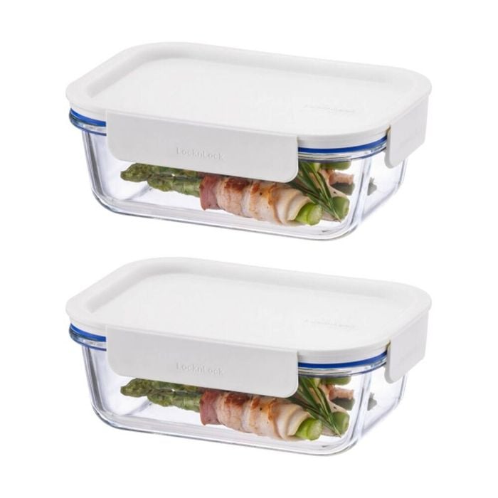 2PK LocknLock Clear Glass Food Storage Container Microwave Safe 630ml White Lid