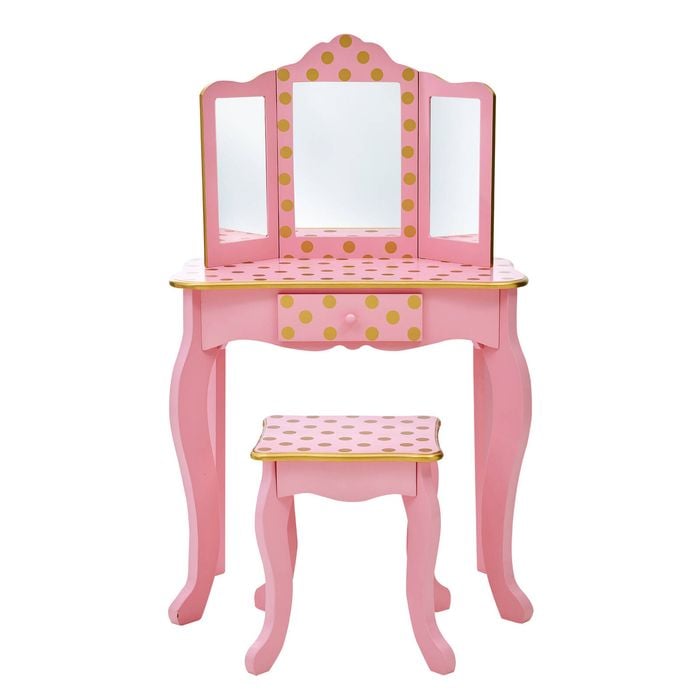Fantasy Fields Gisele Polka Dot Kids Play Vanity Table & Stool, Pink & Gold