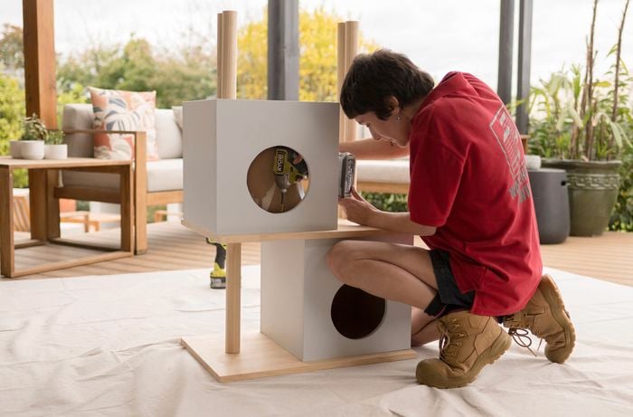 Assemble the cat tower using a drill to screw in screws.